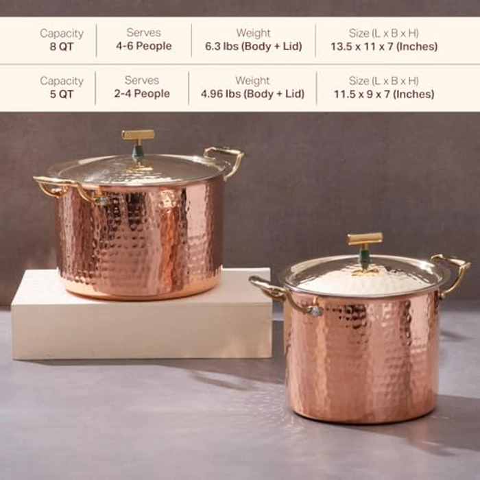 P-TAL Copper Cooking Pot 5QT with Brass Lid | 100% Pure Copper, Golden Hammered Finish | 5QT by P-TAL - Image 2