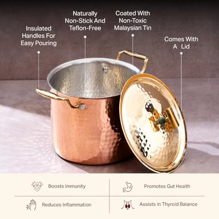 P-TAL Copper Cooking Pot 5QT with Brass Lid | 100% Pure Copper, Golden Hammered Finish | 5QT by P-TAL - Image 3