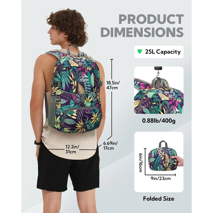 WATERFLY Hiking Packable Daypack Backpack: 25L Ultra Lightweight Day Pack for Woman Man - Small Compact Folding Back Pack for Outdoor Sport Cycling Camping Travel Trip - Print by WATERFLY - Image 2