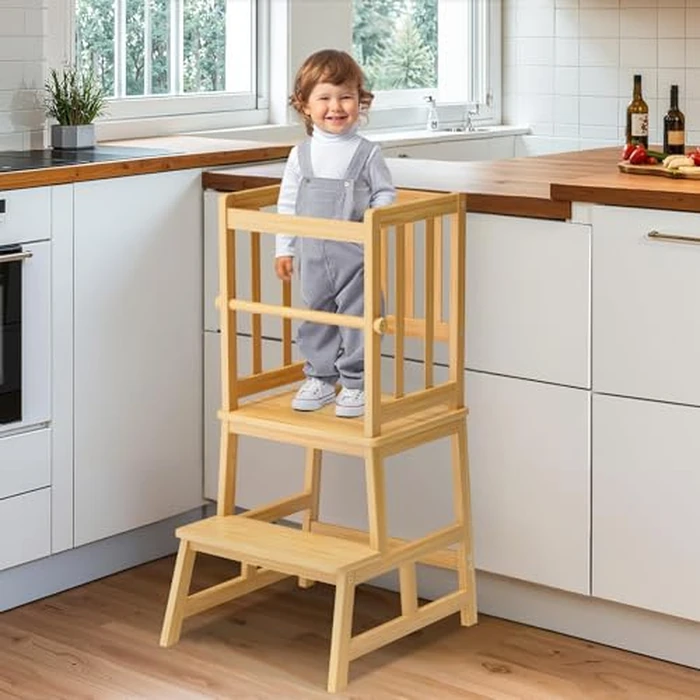 COSYLAND Kitchen Nursery Step Stool for Kids,Solid Bamboo Toddlers Standing Tower with Removable Safety Rail,Large Standing Tower for Kitchen Counter, Kids Learning Stool Natural Bamboo Finish by COSYLAND - Used - Good condition - CA$67.23
