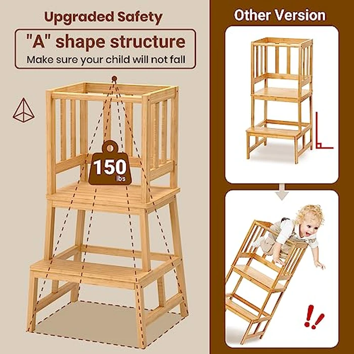 COSYLAND Kitchen Nursery Step Stool for Kids,Solid Bamboo Toddlers Standing Tower with Removable Safety Rail,Large Standing Tower for Kitchen Counter, Kids Learning Stool Natural Bamboo Finish by COSYLAND - Image 2