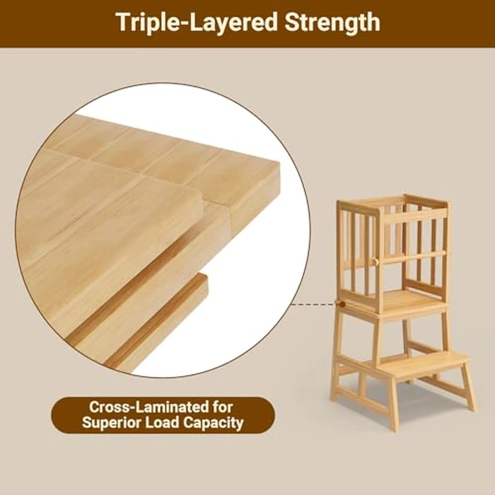 COSYLAND Kitchen Nursery Step Stool for Kids,Solid Bamboo Toddlers Standing Tower with Removable Safety Rail,Large Standing Tower for Kitchen Counter, Kids Learning Stool Natural Bamboo Finish by COSYLAND - Image 4