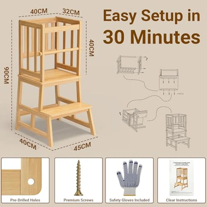COSYLAND Kitchen Nursery Step Stool for Kids,Solid Bamboo Toddlers Standing Tower with Removable Safety Rail,Large Standing Tower for Kitchen Counter, Kids Learning Stool Natural Bamboo Finish by COSYLAND - Image 5