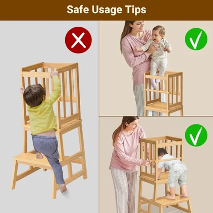COSYLAND Kitchen Nursery Step Stool for Kids,Solid Bamboo Toddlers Standing Tower with Removable Safety Rail,Large Standing Tower for Kitchen Counter, Kids Learning Stool Natural Bamboo Finish by COSYLAND - Image 6