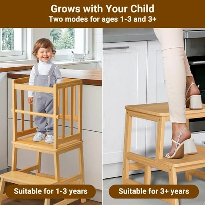 COSYLAND Kitchen Nursery Step Stool for Kids,Solid Bamboo Toddlers Standing Tower with Removable Safety Rail,Large Standing Tower for Kitchen Counter, Kids Learning Stool Natural Bamboo Finish by COSYLAND - Image 9