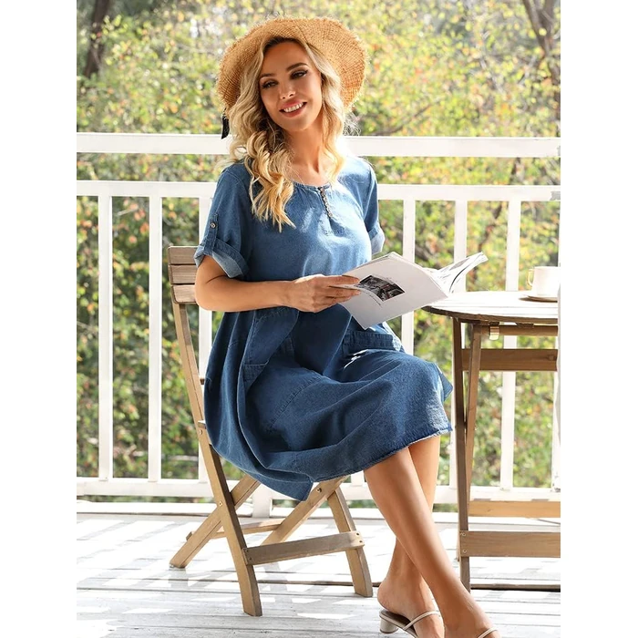 Minibee Women's Ruffle Oversize Casual Midi Dresses with Pockets (L, Denim Blue) by Minibee - Used - Like New condition - US$30.80