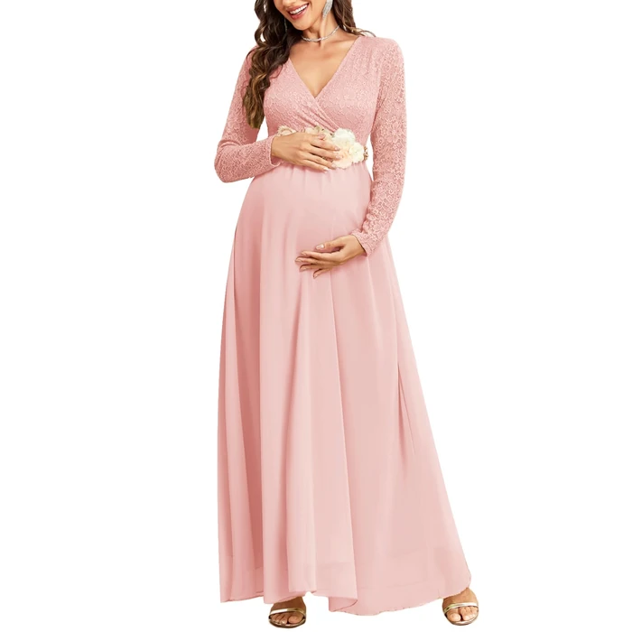 CYCLAMEN Maternity Dress Flowy A-Line Wrap Gown with Floral Lace and Contrast Chiffon Long Sleeve V Neck for Baby Shower, Pink, M by CYCLAMEN - Image 1