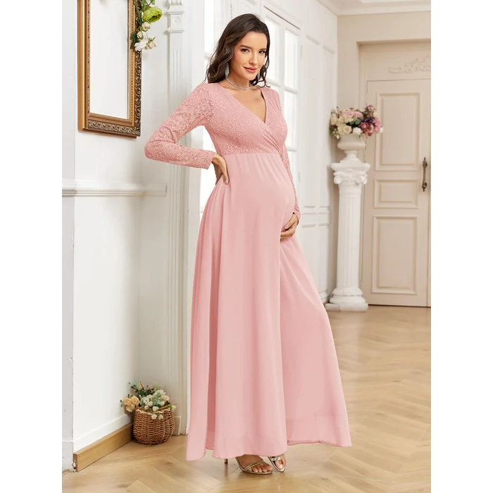 CYCLAMEN Maternity Dress Flowy A-Line Wrap Gown with Floral Lace and Contrast Chiffon Long Sleeve V Neck for Baby Shower, Pink, M by CYCLAMEN - Image 2