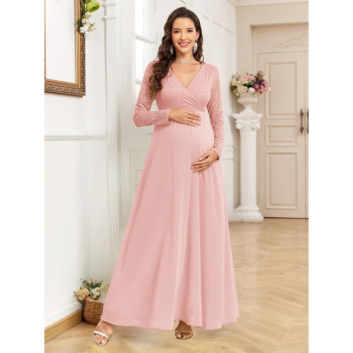 CYCLAMEN Maternity Dress Flowy A-Line Wrap Gown with Floral Lace and Contrast Chiffon Long Sleeve V Neck for Baby Shower, Pink, M by CYCLAMEN - Image 3