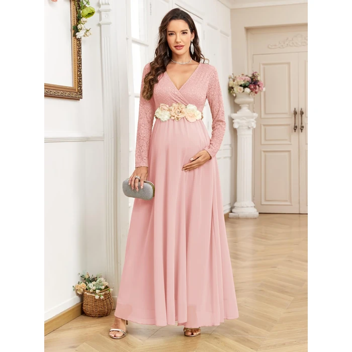 CYCLAMEN Maternity Dress Flowy A-Line Wrap Gown with Floral Lace and Contrast Chiffon Long Sleeve V Neck for Baby Shower, Pink, M by CYCLAMEN - Image 4