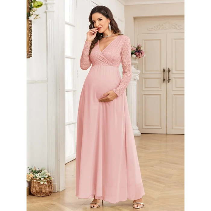 CYCLAMEN Maternity Dress Flowy A-Line Wrap Gown with Floral Lace and Contrast Chiffon Long Sleeve V Neck for Baby Shower, Pink, M by CYCLAMEN - Image 5