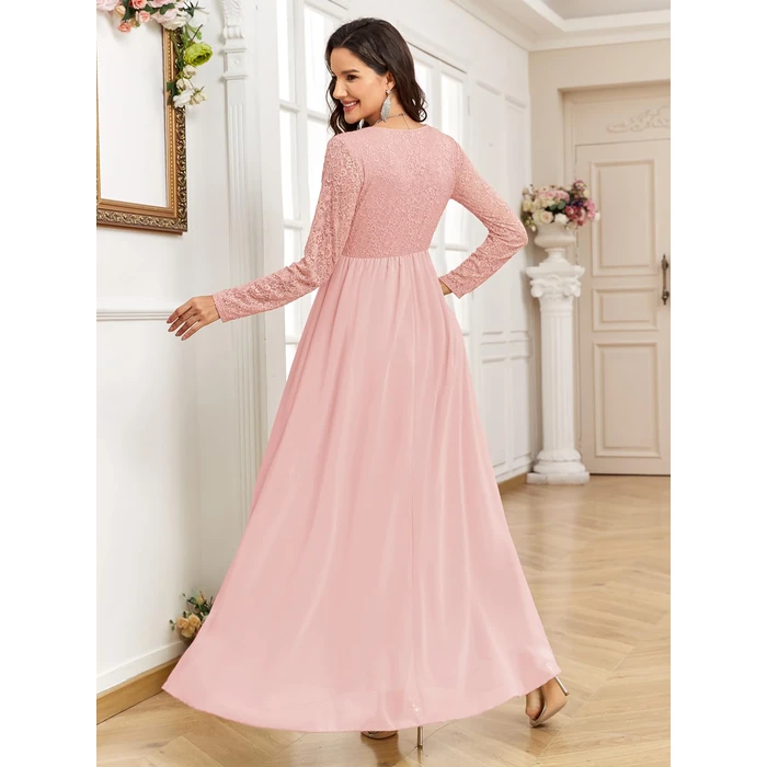 CYCLAMEN Maternity Dress Flowy A-Line Wrap Gown with Floral Lace and Contrast Chiffon Long Sleeve V Neck for Baby Shower, Pink, M by CYCLAMEN - Image 6