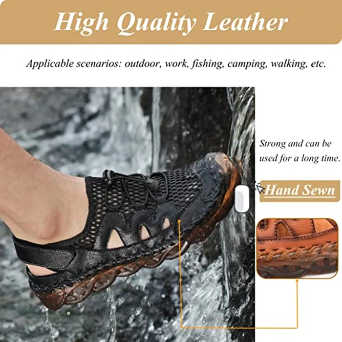 Qiucdzi Mens Closed Toe Sandals, Sport Sandals Casual Leather Handmade Sandals Adjustable Fisherman Beach Sandals For Outdoor Walking Driving,Black by Qiucdzi - Image 2