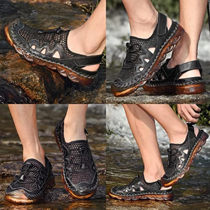 Qiucdzi Mens Closed Toe Sandals, Sport Sandals Casual Leather Handmade Sandals Adjustable Fisherman Beach Sandals For Outdoor Walking Driving,Black by Qiucdzi - Image 7