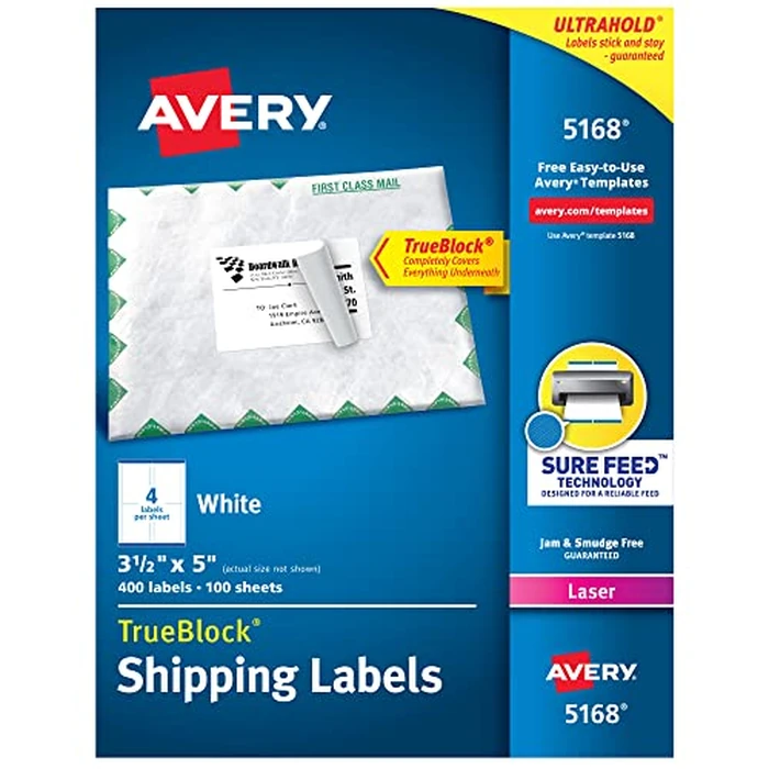 Avery Printable Shipping Labels with Sure Feed, 3-1/2" x 5", White, 400 Blank Mailing Labels for Laser Printers (5168) by Avery - Used - Very Good condition