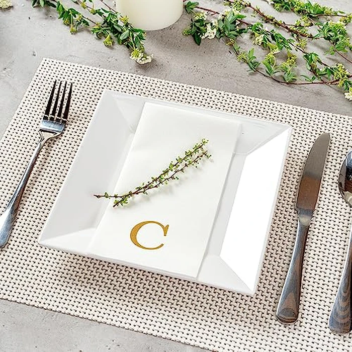 Luxenap 15.8 X 7.9 Inch Linen-Feel Guest Towels, 50 Lettered Hand Towels - Gold Letter 'C', Sans Serif Font, White Paper Dinner Napkins, airlaid, For Restrooms And Tables - Restaurantware by Restaurantware - Image 4