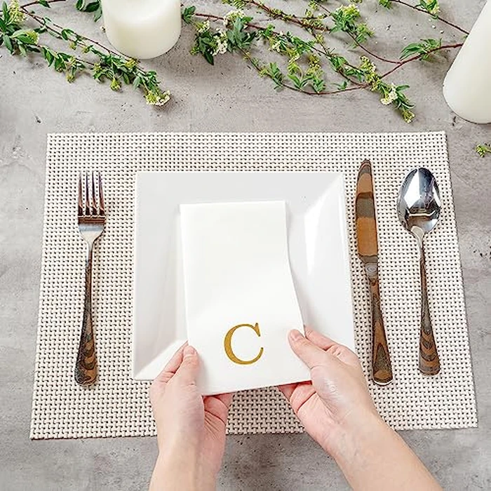 Luxenap 15.8 X 7.9 Inch Linen-Feel Guest Towels, 50 Lettered Hand Towels - Gold Letter 'C', Sans Serif Font, White Paper Dinner Napkins, airlaid, For Restrooms And Tables - Restaurantware by Restaurantware - Image 5