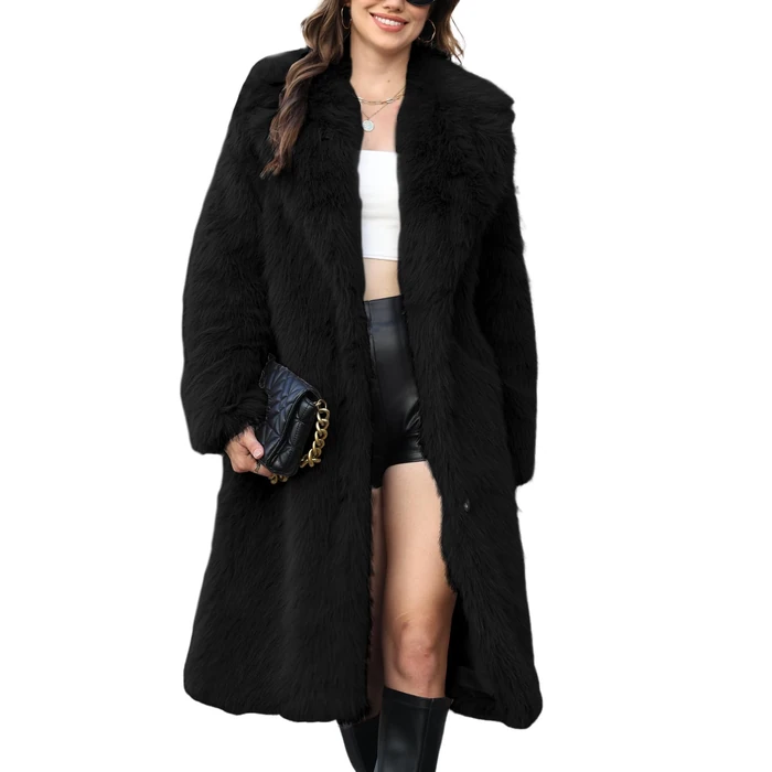 Gihuo Women' s Faux Fur Coat Lapel Collar Long Sleeve Furry Jacket Long Shaggy Jackets Open Front Warm Outerwear(Black-M) by Gihuo - Used - Like New condition