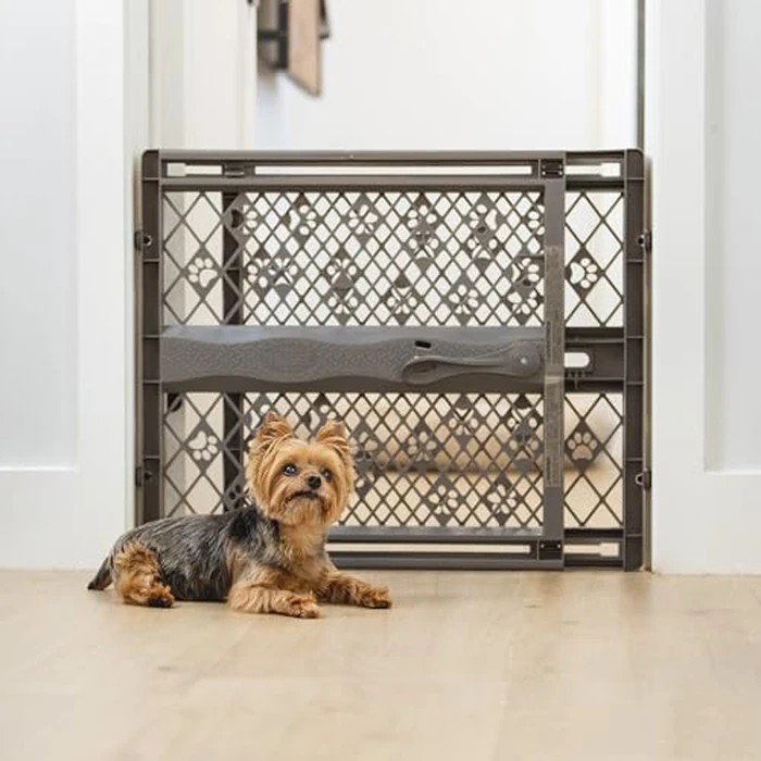 MYPET North States Paws Portable Pet Gate: 26-40" Wide. Pressure Mount. No Tools Needed. Made in USA. Dog Gate 23" Tall, Expandable, Durable Dog Gates for Doorways, Fieldstone Gray by MYPET - Used - Very Good condition