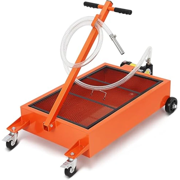 Oil Drain Pan, 15-Gallon Low Profile Electric Oil Drain Pan with 12V Pump, 8 Ft Hose,Wheels & T Folding Handle,Heavy-Duty Metal Oil Change Pan for Cars, Trucks, SUVs, RV, Orange by EliteEdge - Used - Good condition - CA$123.04