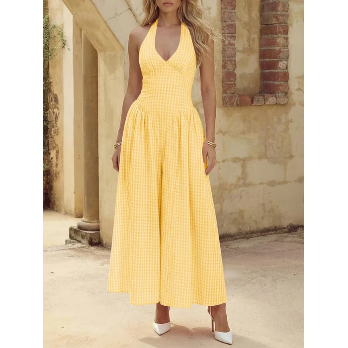 Wenrine Womens Halter V Neck Corset Maxi Dresses Summer Plaid Smocked Tie Back Backless Wedding Guest Drop Waist Dress Yellow by Wenrine - Image 2