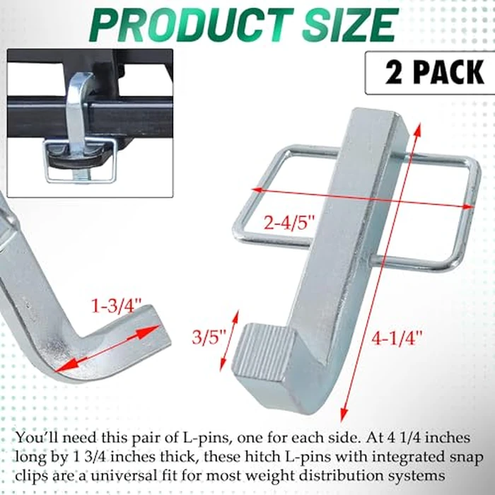 TonGass (2-Pack) Premium Snap L-Pins for Weight Distribution Hitches, 4 1/4" x 1 3/4" L-Pins with Integrated Snap Clips, Minimize Weight Distribution Hitch Noise, Zinc-Coated Heavy-Duty Steel by TonGass - Image 2