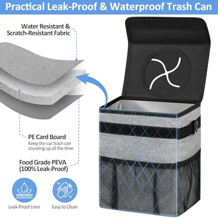 ELONGRIVER Car Trash Can Bin for Back Seat Leak Proof, Cute Car Trash Bag Hanging, Vehicle Trash Can for SUV Truck Van, Automotive Garbage Cans Front Seat Grey by ELONGRIVER - Image 3