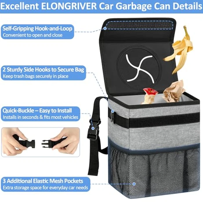 ELONGRIVER Car Trash Can Bin for Back Seat Leak Proof, Cute Car Trash Bag Hanging, Vehicle Trash Can for SUV Truck Van, Automotive Garbage Cans Front Seat Grey by ELONGRIVER - Image 4