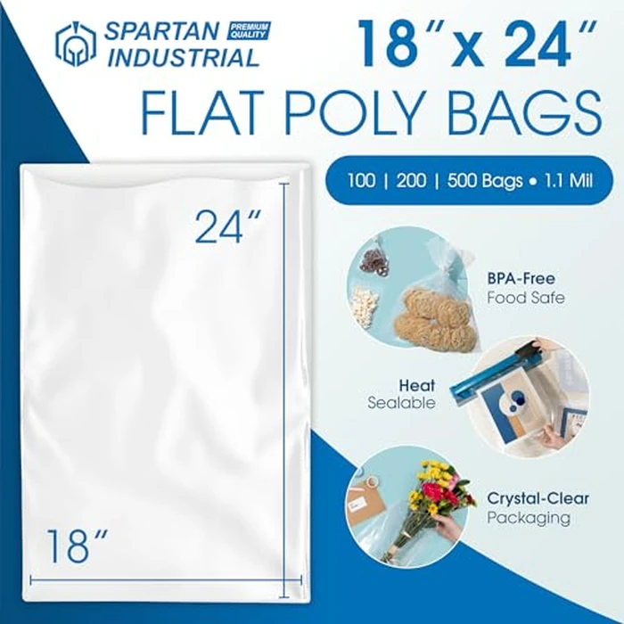 Spartan Industrial - 18” X 24” 1.1 Mil Flat Open End Clear Plastic Poly Bags - For Proofing Bread Dough, Packaging Clothes, Shirts (Thin & Lightweight - Bags DO NOT Have Seal) by Spartan Industrial - Image 2