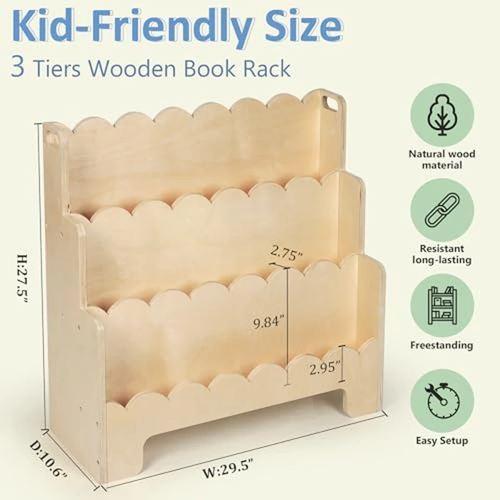 Tohiasen Kids Bookshelf Wooden 3-Tier, Scalloped Book Shelf for Kids Rooms, Front Facing Toddler Montessori Bookshelf, Baby Nursery Book Shelves Kids Classroom Bookshelf Bookcase by Tohiasen - Image 2