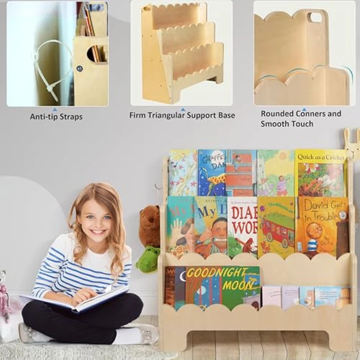 Tohiasen Kids Bookshelf Wooden 3-Tier, Scalloped Book Shelf for Kids Rooms, Front Facing Toddler Montessori Bookshelf, Baby Nursery Book Shelves Kids Classroom Bookshelf Bookcase by Tohiasen - Image 3