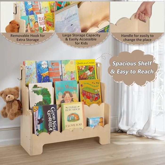 Tohiasen Kids Bookshelf Wooden 3-Tier, Scalloped Book Shelf for Kids Rooms, Front Facing Toddler Montessori Bookshelf, Baby Nursery Book Shelves Kids Classroom Bookshelf Bookcase by Tohiasen - Image 4