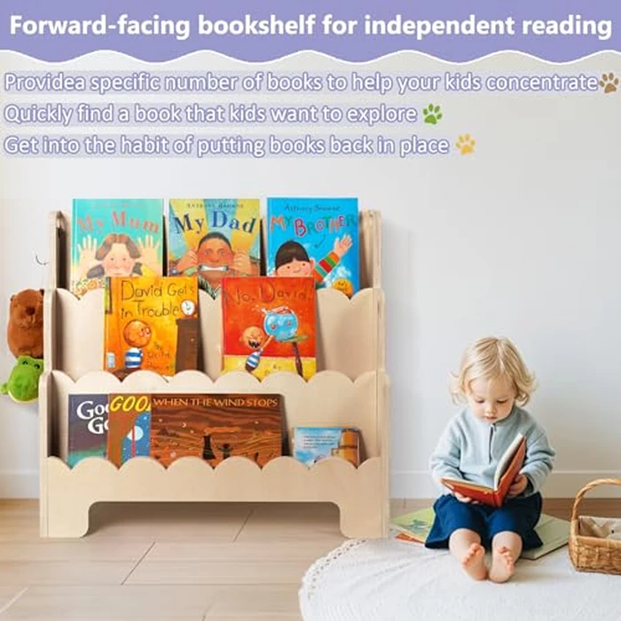 Tohiasen Kids Bookshelf Wooden 3-Tier, Scalloped Book Shelf for Kids Rooms, Front Facing Toddler Montessori Bookshelf, Baby Nursery Book Shelves Kids Classroom Bookshelf Bookcase by Tohiasen - Image 6