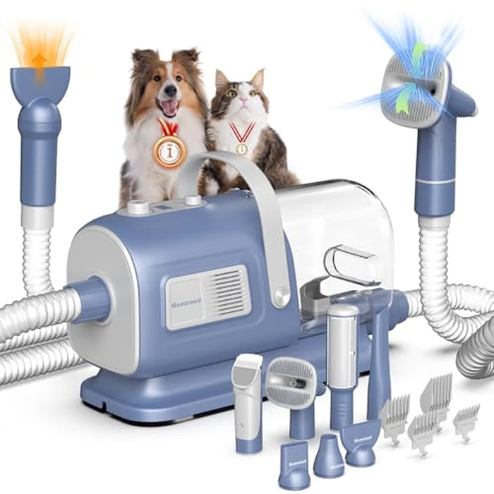 geoorood Dog Grooming Vacuum and Dryer Kit, Blower for Pet Vacuum Grooming 7 in 1 with Clippers for Dogs Hair Shedding Brush Remover Tools at Home Blue Grey by geoorood - Used - Like New condition