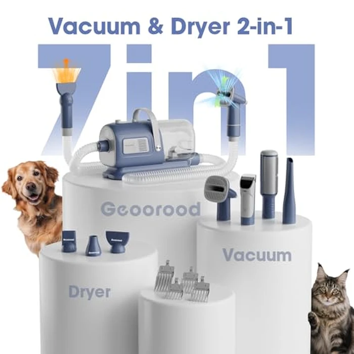geoorood Dog Grooming Vacuum and Dryer Kit, Blower for Pet Vacuum Grooming 7 in 1 with Clippers for Dogs Hair Shedding Brush Remover Tools at Home Blue Grey by geoorood - Image 2