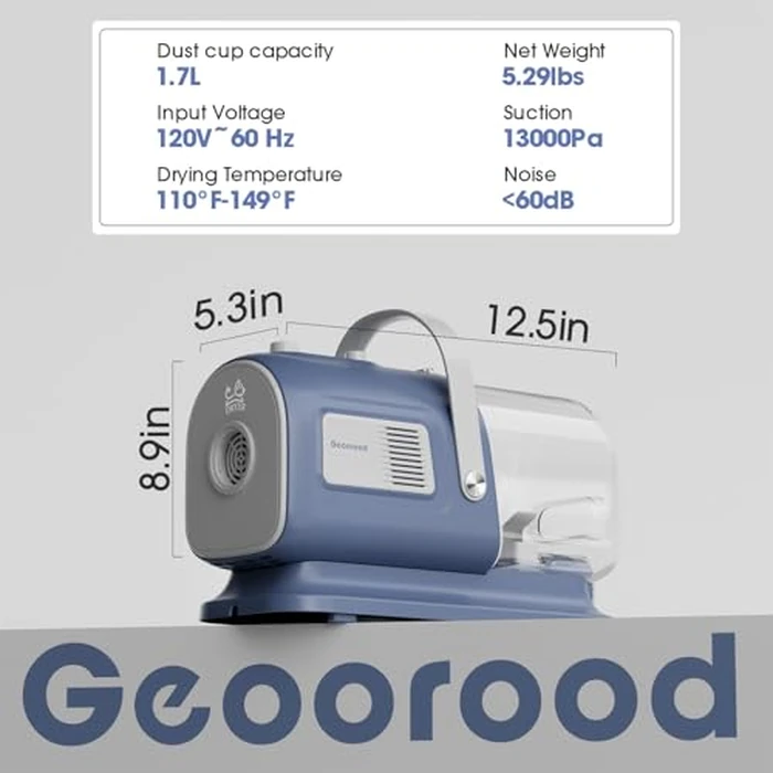 geoorood Dog Grooming Vacuum and Dryer Kit, Blower for Pet Vacuum Grooming 7 in 1 with Clippers for Dogs Hair Shedding Brush Remover Tools at Home Blue Grey by geoorood - Image 9
