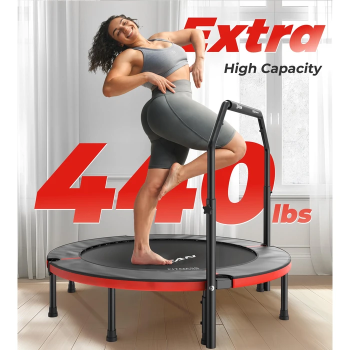 BCAN 48" Foldable Mini Trampoline, Rebounder Trampoline for Adults, U Shape Adjustable Foam Handle, Exercise Rebounder for Kids Adults Indoor Workout, Max Load 440lbs, Red by BCAN - Image 4