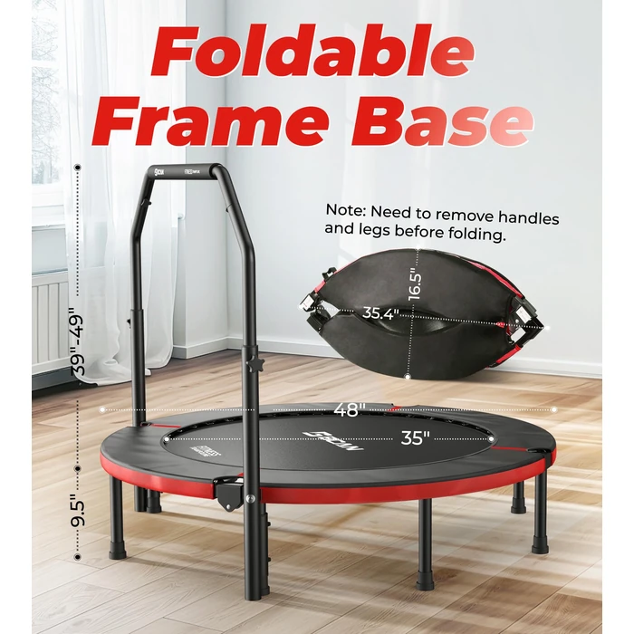 BCAN 48" Foldable Mini Trampoline, Rebounder Trampoline for Adults, U Shape Adjustable Foam Handle, Exercise Rebounder for Kids Adults Indoor Workout, Max Load 440lbs, Red by BCAN - Image 8