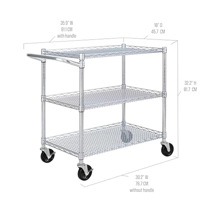 Seville Classics UltraDurable NSF Commercial Heavy Duty Metal Rolling Utility Cart, w/ Steel Shelves, Handle Bar for Restaurant, Garage, Warehouse, Kitchen, Office, Top Shelf (36"W x 18"D) by Seville Classics - Image 5