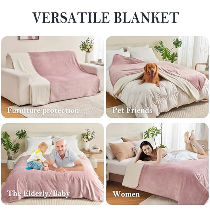 Yaning Waterproof Blanket 80"x90" for Adults, Reversible Waterproof Bed Cover for Dogs Cats Pets, Soft Leakproof Blanket for Bed Couch Sofa Furniture Protector, Dusty Pink/Off White by Yaning - Image 3