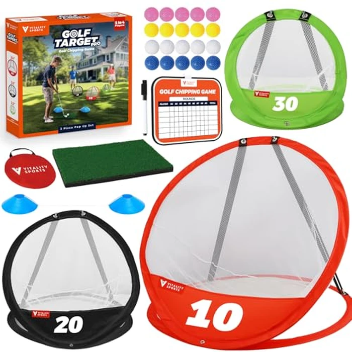 Vitality Sports Golf Chipping Net, 3PCS Pop-Up Golf Practice Net for Backyard, Indoor Outdoor Chipping Game with 3 Targets, 1 Hitting Mat, 20 Balls, Tee Box, Golf Gift for Men by Vitality Sports - Used - Like New condition