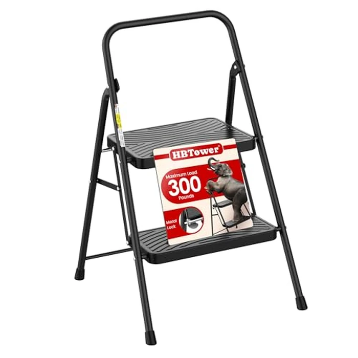 HBtower 2 Step Ladder, Step Stool with Wide Anti-Slip Pedal, Step Ladder Folding Step Stool for Adults, Lightweight Steel Portable ladders for Home Kitchen by HBTower - Used - Like New condition