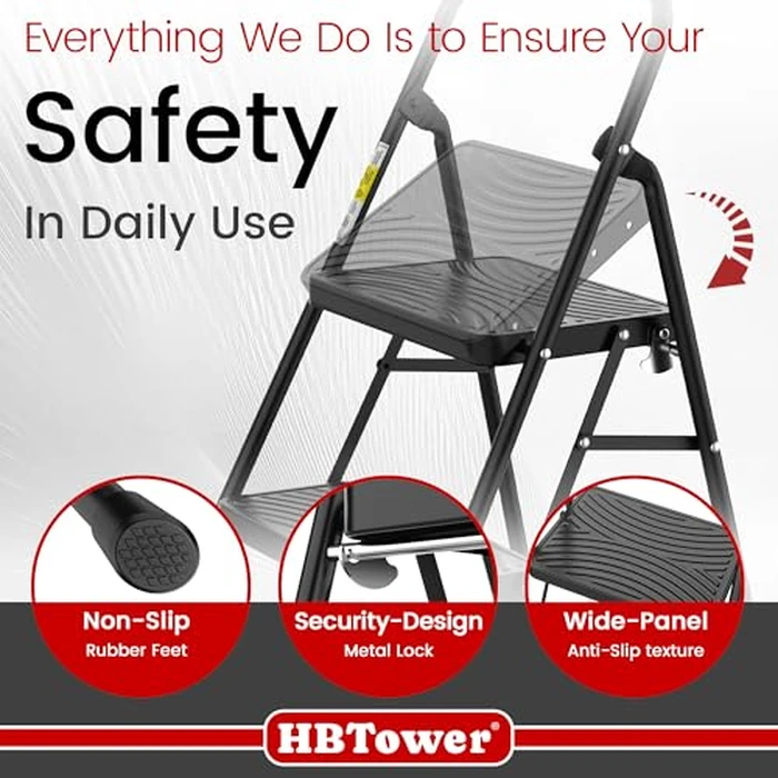HBtower 2 Step Ladder, Step Stool with Wide Anti-Slip Pedal, Step Ladder Folding Step Stool for Adults, Lightweight Steel Portable ladders for Home Kitchen by HBTower - Image 5