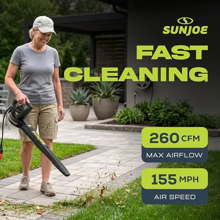 Sun Joe SBJ597E All-Purpose Electric Leaf Blower, 6-Amp Motor, 155 MPH, 260 CFM, Black - Lightweight & Compact, One-Hand Operation for Yards, Porches, Patios, Walkways, Decks, Garage & Light Snow by Sun Joe - Image 4