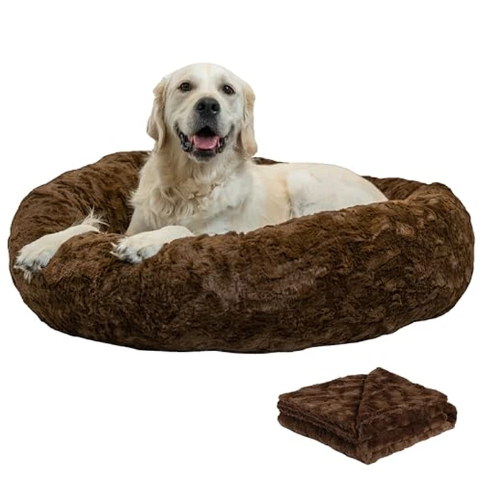 Best Friends by Sheri Bundle Set The Original Calming Lux Donut Cuddler Cat and Dog Bed + Pet Throw Blanket Dark Chocolate Large 36" x 36" by Best Friends by Sheri - Used - Like New condition - CA$90.08