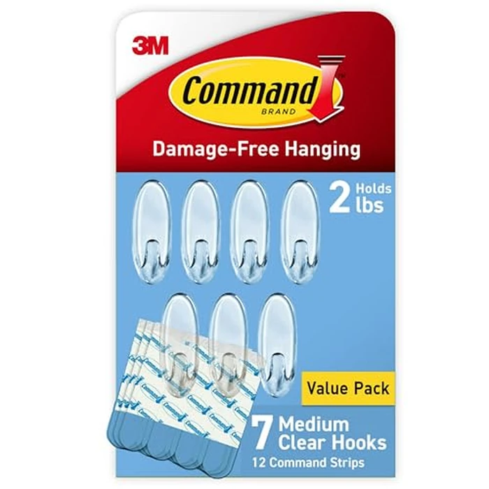 Command Medium Clear Wall Hook, 7 Wall Hook and 12 Strips, Damage-Free Hanging with Adhesive, Great for Hanging Home Decor, Holds up to 2 lb by Command - Used - Like New condition