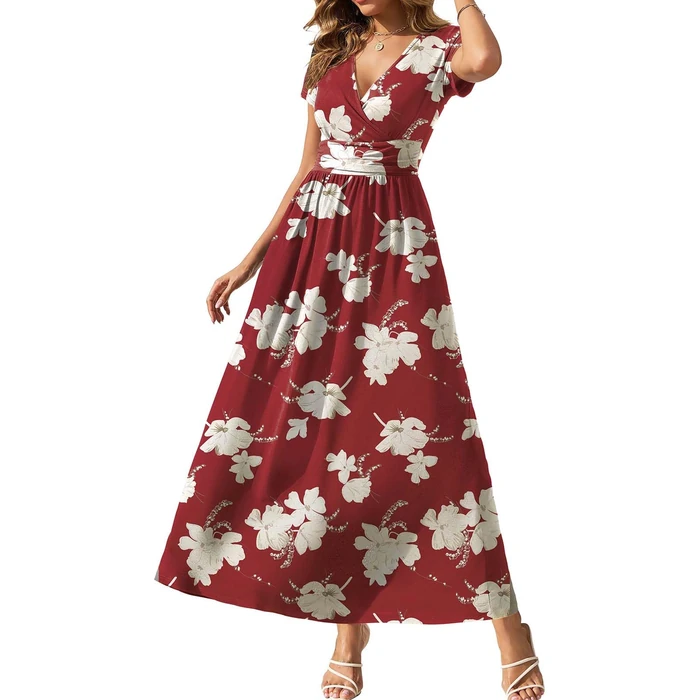 Gracyoga Womens Summer Dresses Fall Midi Empire Waist Red White Floral Dress Vintage V Neck High Waist Casual Long Sundress Dinner Outfit L by Gracyoga - Image 1