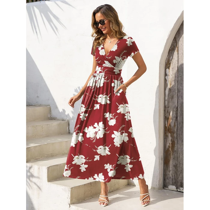 Gracyoga Womens Summer Dresses Fall Midi Empire Waist Red White Floral Dress Vintage V Neck High Waist Casual Long Sundress Dinner Outfit L by Gracyoga - Image 2