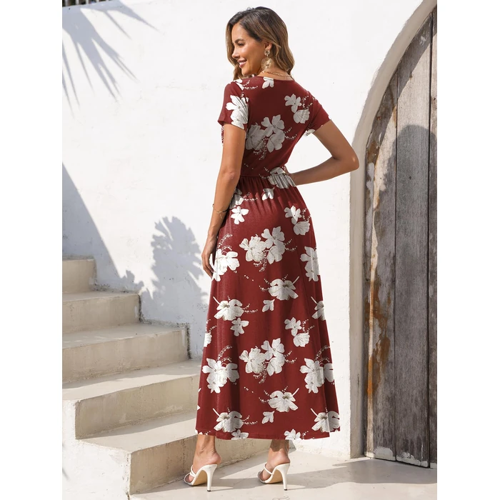 Gracyoga Womens Summer Dresses Fall Midi Empire Waist Red White Floral Dress Vintage V Neck High Waist Casual Long Sundress Dinner Outfit L by Gracyoga - Image 6