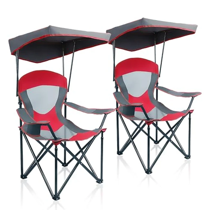 ALPHA CAMP Heavy Duty Canopy Camping Chair, 350 lbs Capacity Oversized Folding Chair with Adjustable Sunshade, Portable Sunshade Chair with Cup Holder for Beach, Fishing, Outdoor,2PC, Red by ALPHA CAMP - Used - Very Good condition - US$95.92